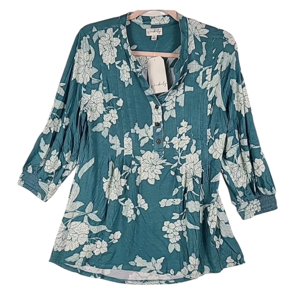 Wonderly Teal White Floral Henley Blouse Boho Long Sleeve Smocked Cuffs XXL